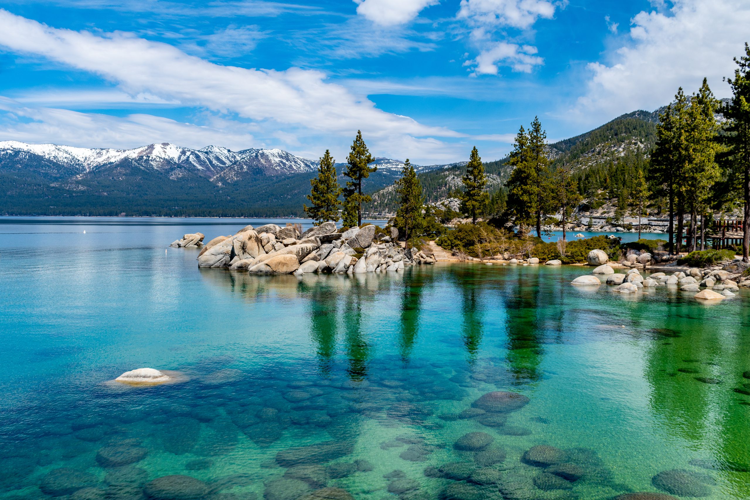Lake Tahoe water, trees, and mountains